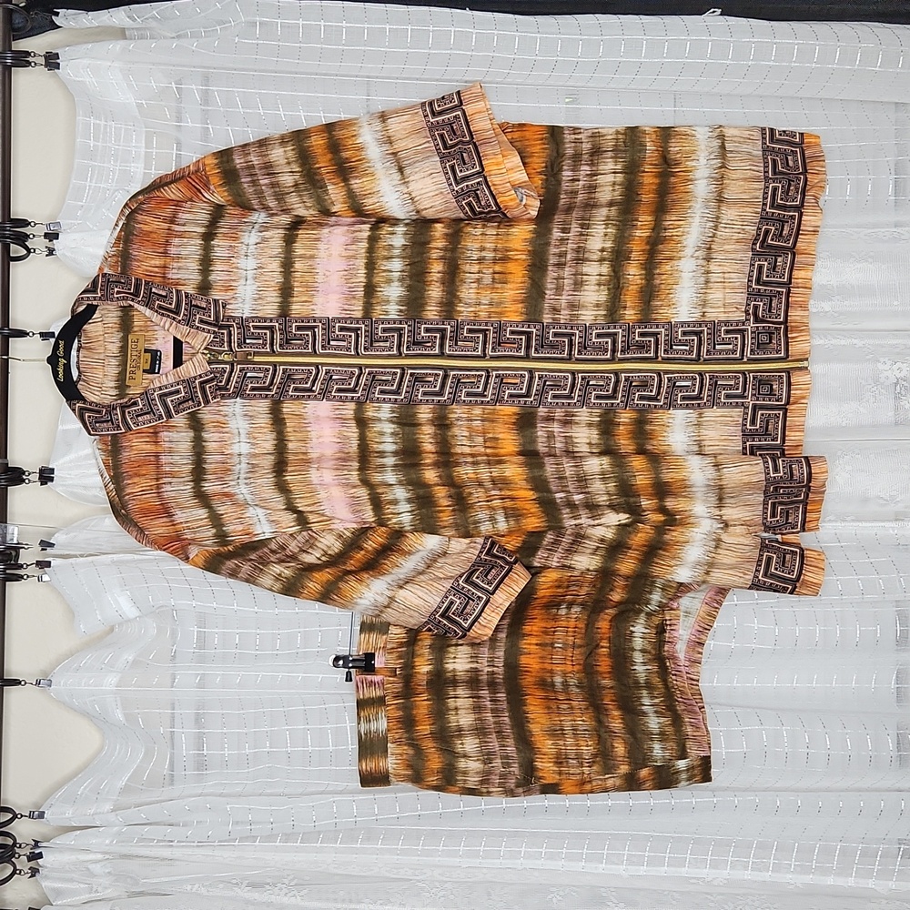 Prestige Original Greek Key100% Linen Shorts & Zip Front Short Sleeve Set Sz3XL